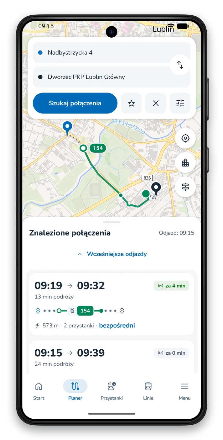 Wyniki wyszukiwania połączenia: mapa z trasą przejazdu i dojściem pieszym, pod nią lista połączeń z godzinami odjazdu i przyjazdu oraz czasem podróży