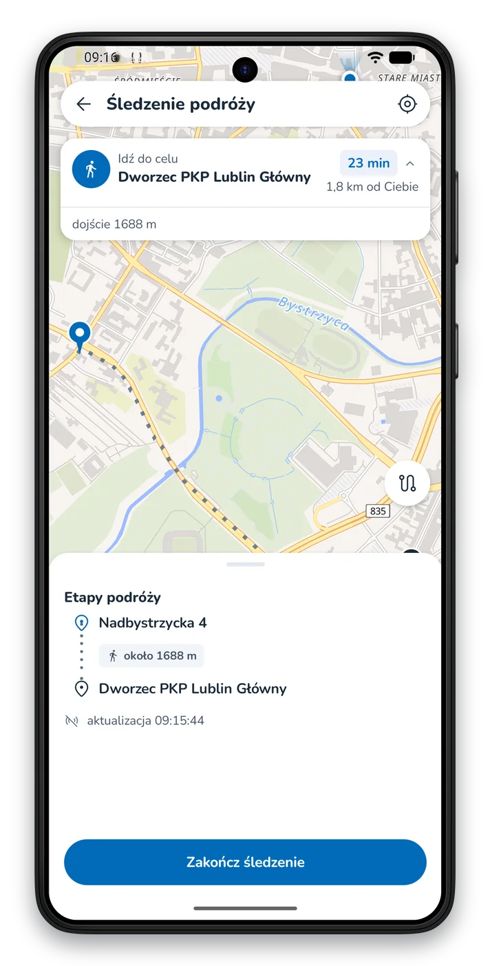 Ekran śledzenia podróży: instrukcja dla pasażera z numerem linii i kierunkiem, pod nią oś podróży z kolejnymi przystankami