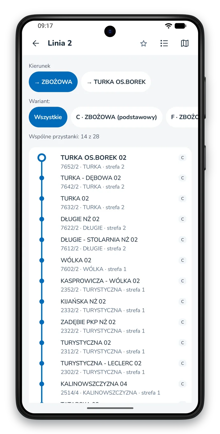 Ekran linii: wybór kierunku i wariantu trasy, pod nimi przebieg linii z kolejnymi przystankami