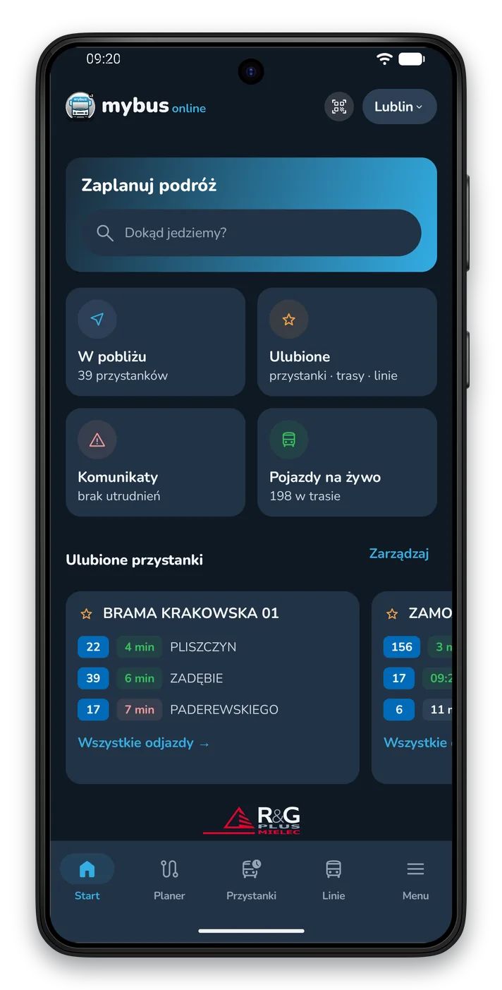 Ekran startowy aplikacji w motywie ciemnym: granatowe tło, jasny tekst, ta sama zawartość co w motywie jasnym