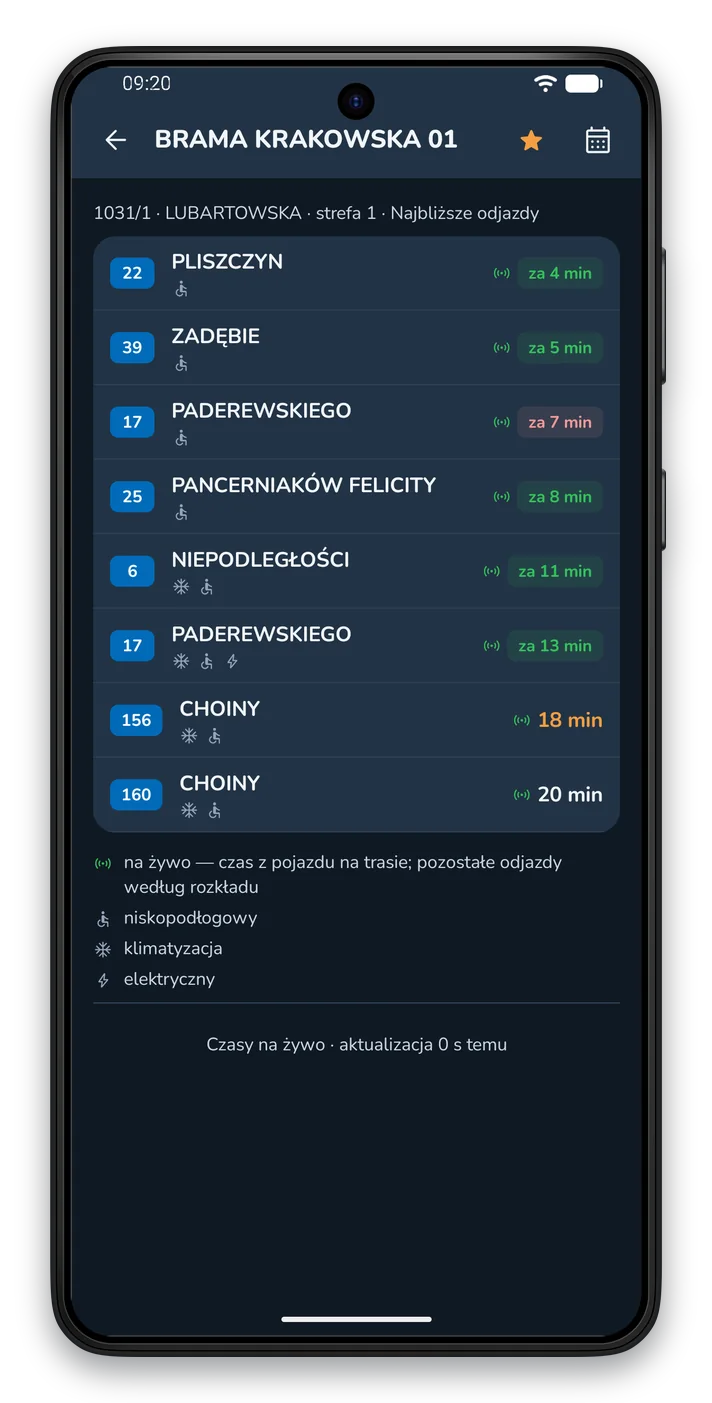 Tablica odjazdów w motywie ciemnym: jasne numery linii i czasy odjazdów na granatowym tle